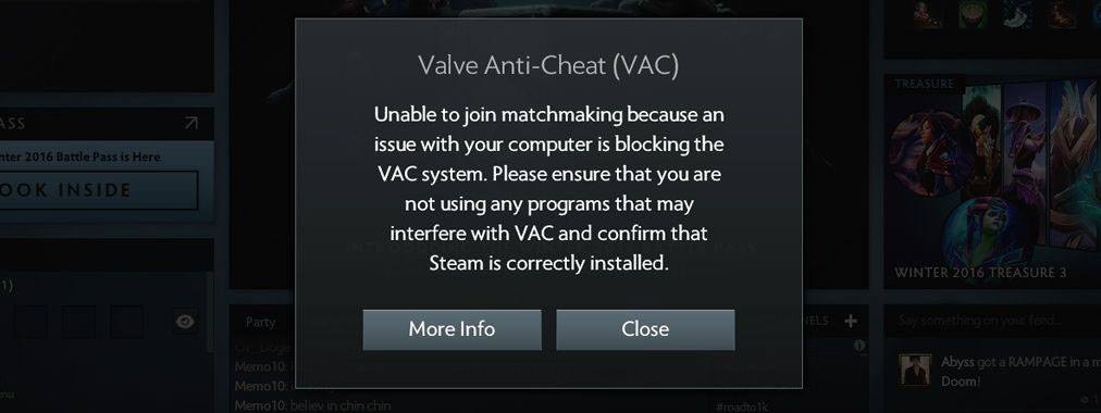 VAC بر اجرای نرم افزار نظارت می کند ، و در صورت شناسایی Powershell ، Sandboxie ، Cheat Engine یا سایر ابزارهای لیست سیاه ، آن را کنترل می کند. بازیکن را از عضویت در مسابقه آنلاین منع کنید
